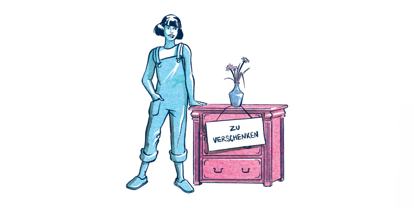 Eine Illustration von einer Person, die vor einem Möbelstück mit einem Schild "zu verschenken" steht.