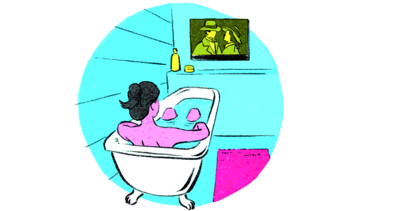 Zu sehen ist eine Illustration. Eine Frau liegt in einer Badewanne und schaut Fernsehen.