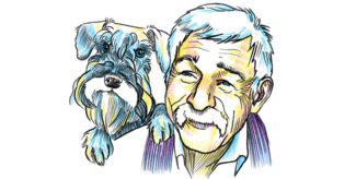 Illustration zeigt einen älteren Mann mit grauen Haaren, über dessen Schulter ein Hund guckt.