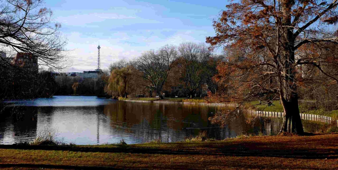 Blick auf den Lietzensee in Berlin. Umgeben vom Park. Im Hintergrund ist der Funkturm zu sehen.