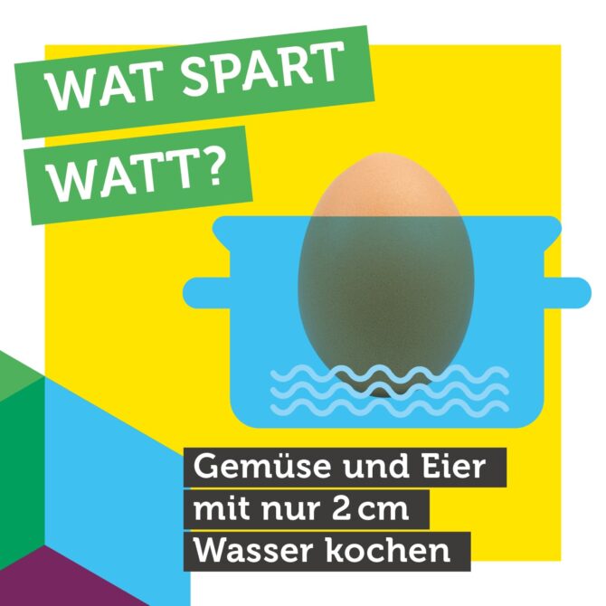Bild-Text-Grafik. Grafik: Ein illustriertes Ei in einem Kochtopf. Text: "Wat spart Watt? Gemüse und Eier mit nur 2 cm Wasser kochen"