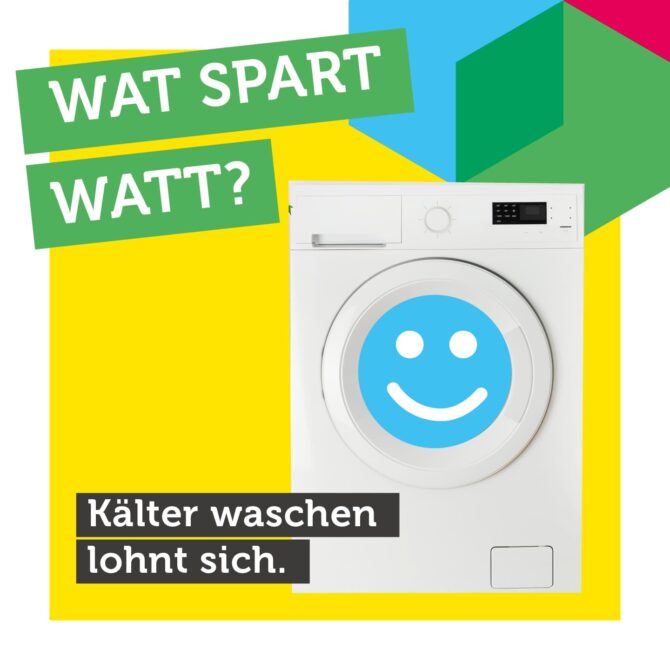 Energiespartipps mit der Überschrift „Wat spart Watt?“: Eine Illustration, auf der eine Waschmaschine zu sehen ist.