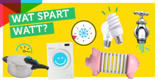 Grafik mit gelbem Hintergrund und Aufschrift WAT SPART WATT. Viele verschiedene Gegenstände als Grafiken auf gelbem Untergrund: Waschmaschine, Heizung, Kochtopf, Glühbirnen, Termometer