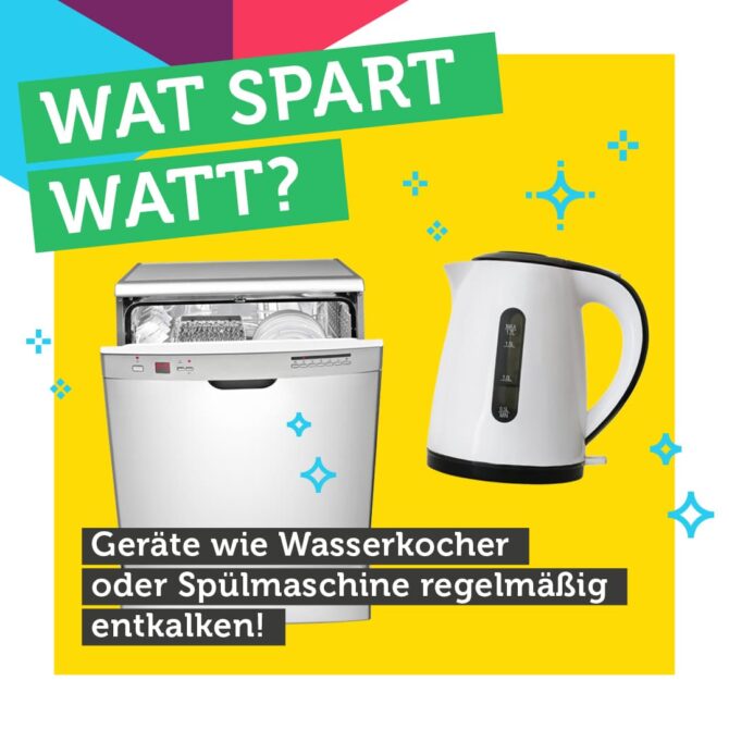 Bild-Text-Kombination. Bild: Eine Spülmaschine und ein Wasserkocher. Text: Wat spart Watt? Geräte wie Wasserkocher oder Spülmaschine regelmäßig entkalken!