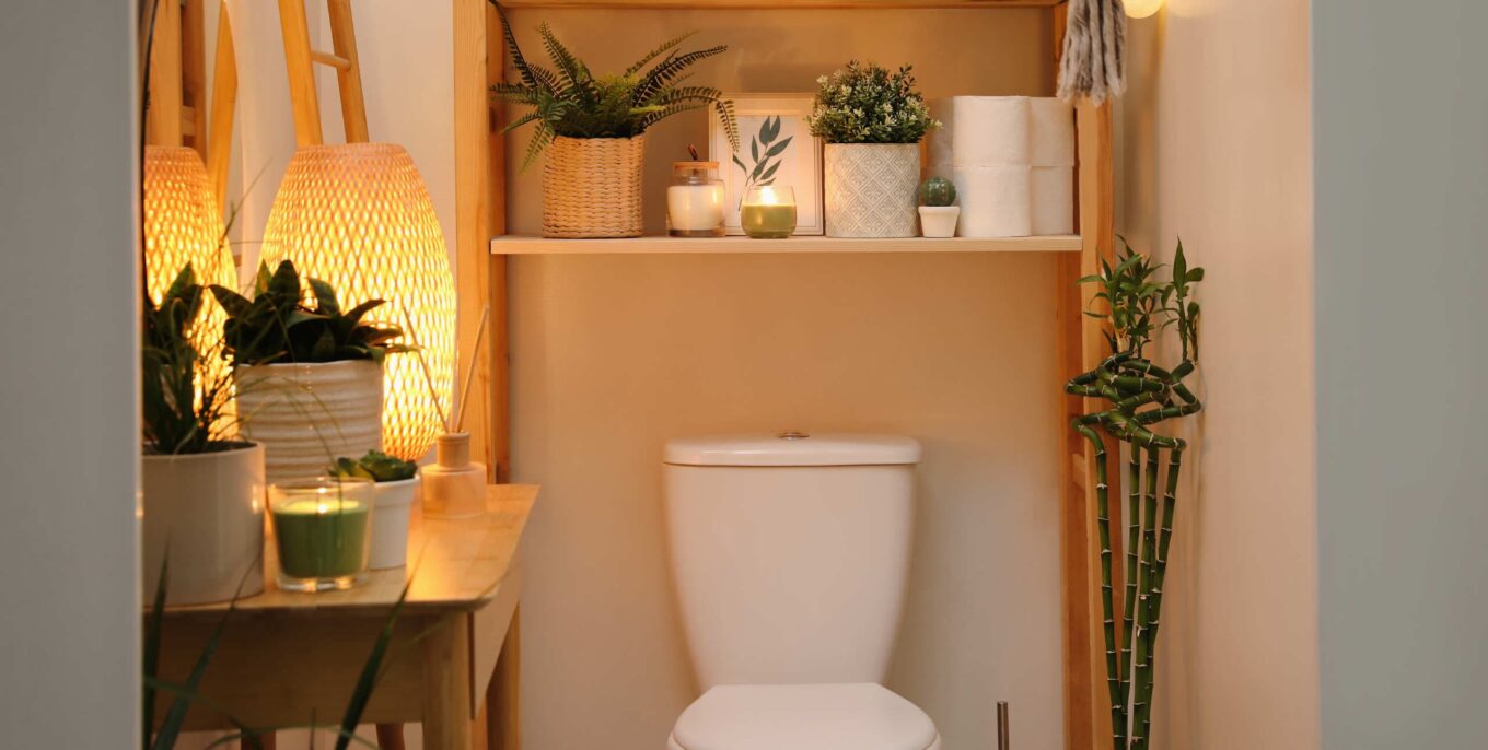 Stilvolles Badezimmerregal oberhalb der Toiletten mit Grünpflanzen