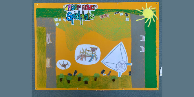 Von Kindern gestaltete Collage, die den Entwurf des aufgewerteten Spielplatzes am Blasewitzer Ring zeigt. Überschrift: "Unser neuer Spielplatz". Foto: Gewobag