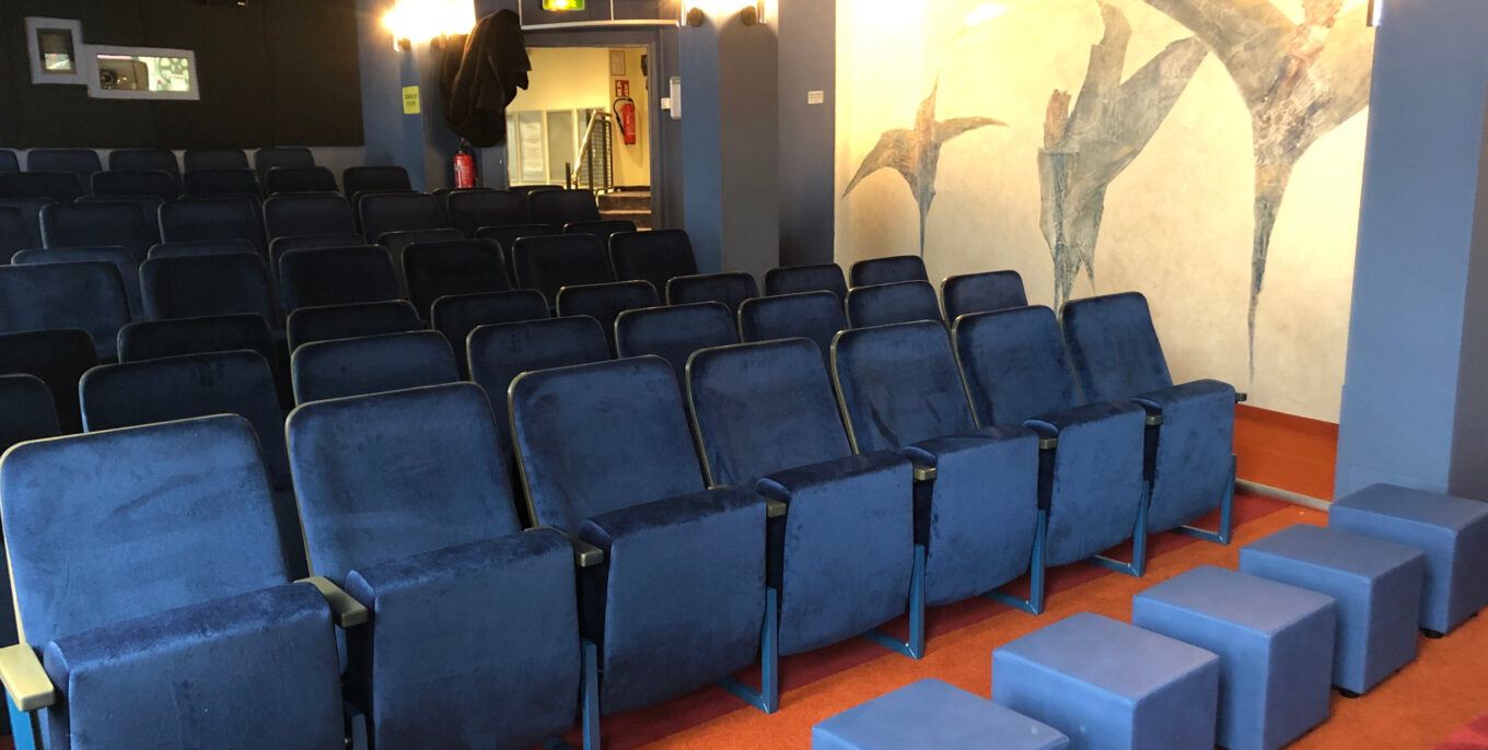 Leerer Kinosaal mit blauen Samtsitzen und rotem Teppich, beleuchtete Wandmalerei mit Vögeln.