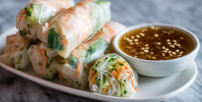 Vietnamesische Sommerrollen mit Gemüsefüllung, serviert mit Dip.