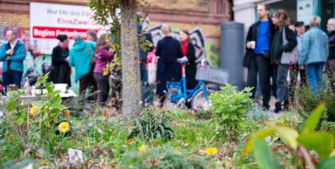 Ein begrüntes Beet im öffentlichen Raum. Im Hintergrund ist eine Gruppe Menschen zu sehen. Foto: Ralph Maak
