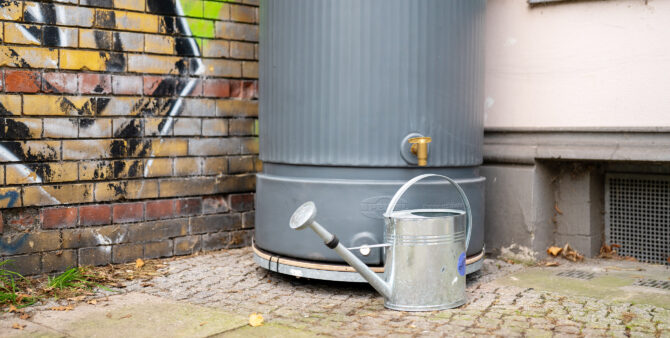 Großaufnahme: Der Fuß einer großen, runden Regentonne, davor steht eine Gießkanne. Foto: Ralph Maak
