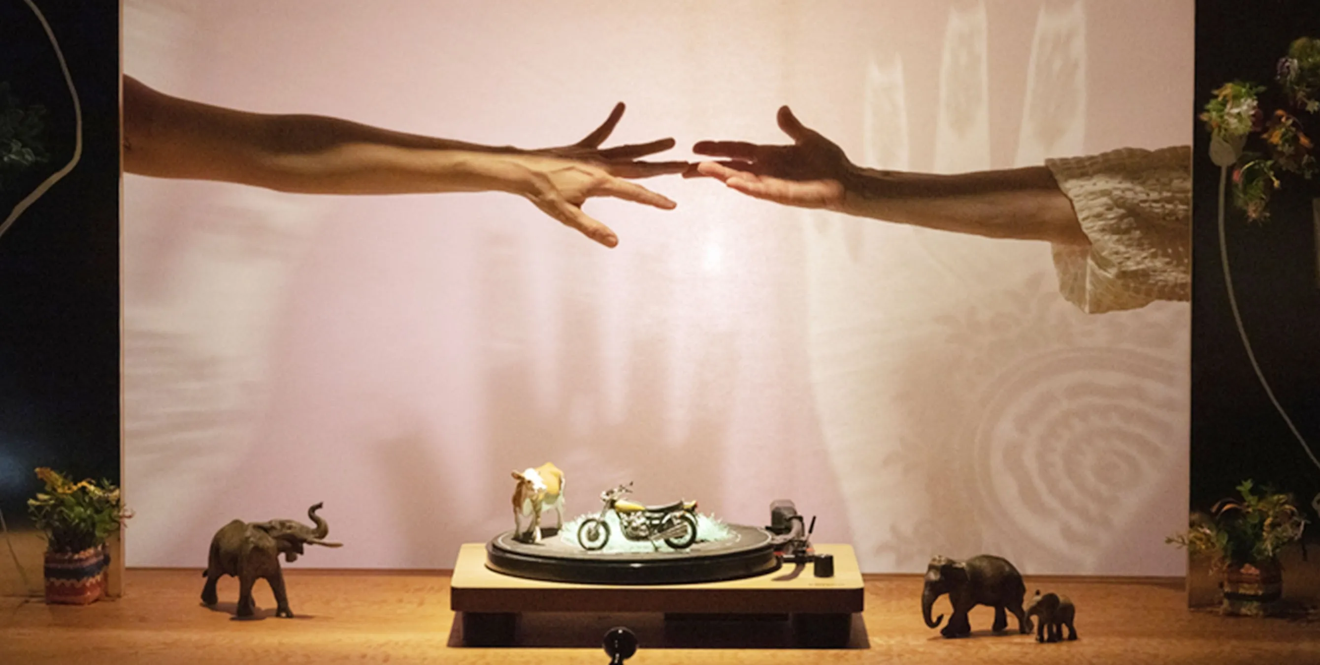 Großaufnahme eine Kindertheater-Inszenierung: Im Vordergrund sind ein Plattenspieler und mehrere Spielzeugtiere zu sehen, im Hintergrund ragen zwei menschliche Arme ins Bild und berühren sich mit den Händen. Foto: Theater o.N./David Beecroft