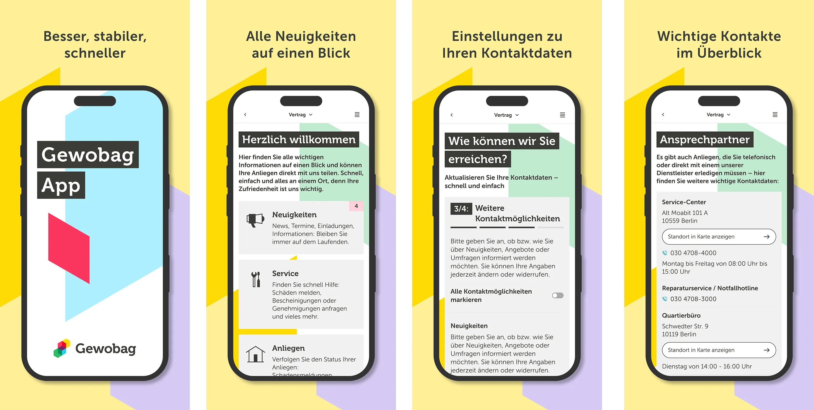 Vier verschiedene Smartphone-Screens nebeneinander, auf denen einzelne Seiten der Gewobag App zu sehen sind. Montage: Gewobag