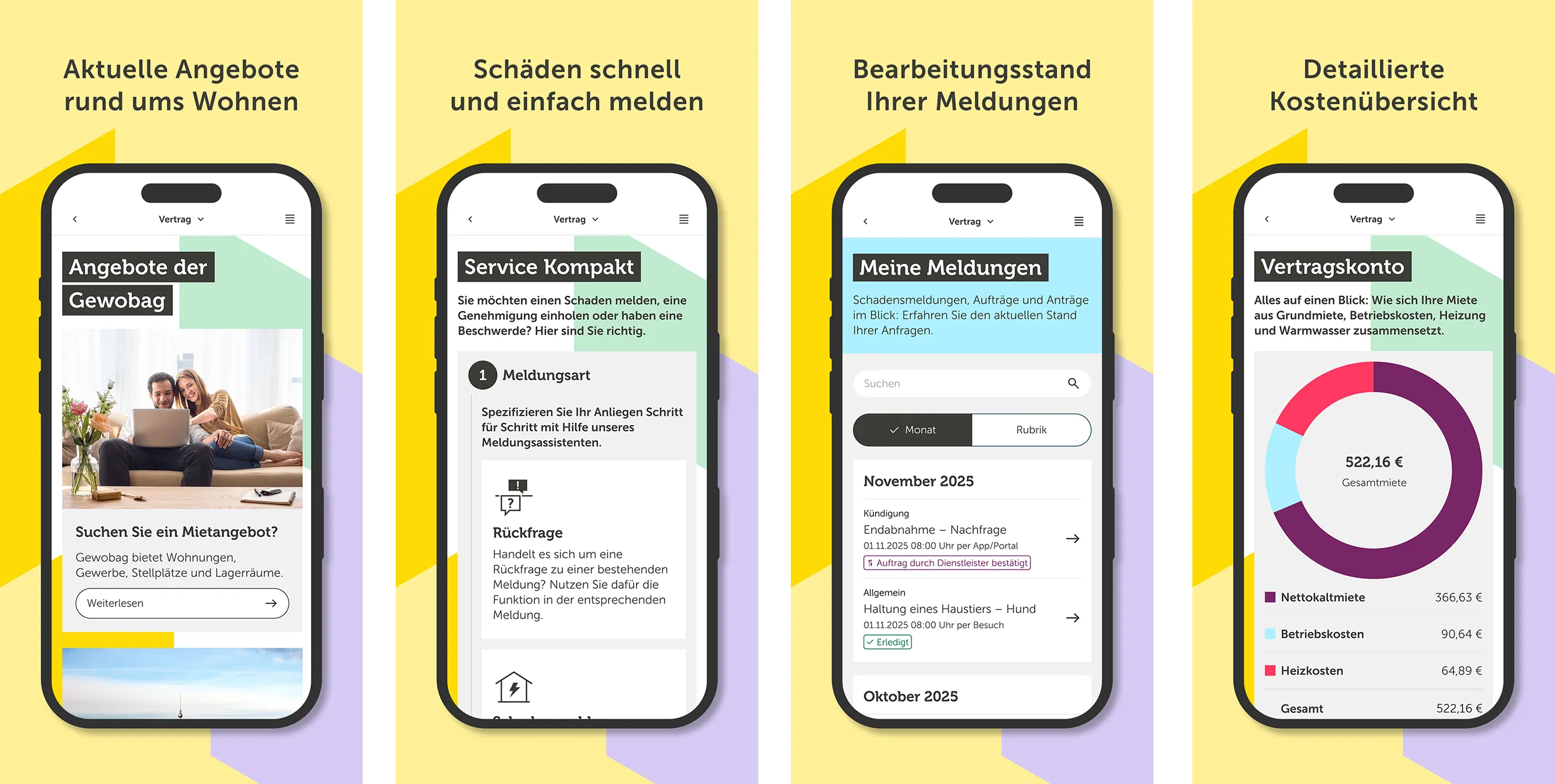 Vier verschiedene Smartphone-Screens nebeneinander, auf denen einzelne Seiten der Gewobag App zu sehen sind. Montage: Gewobag