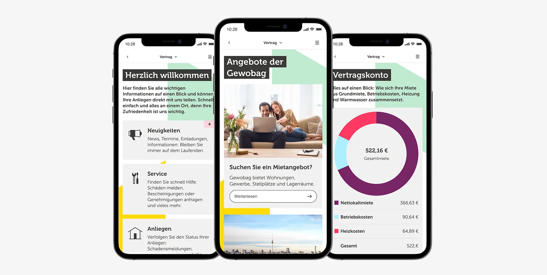 Drei verschiedene Smartphone-Screens nebeneinander, auf denen einzelne Seiten der Gewobag App zu sehen sind. Montage: Gewobag