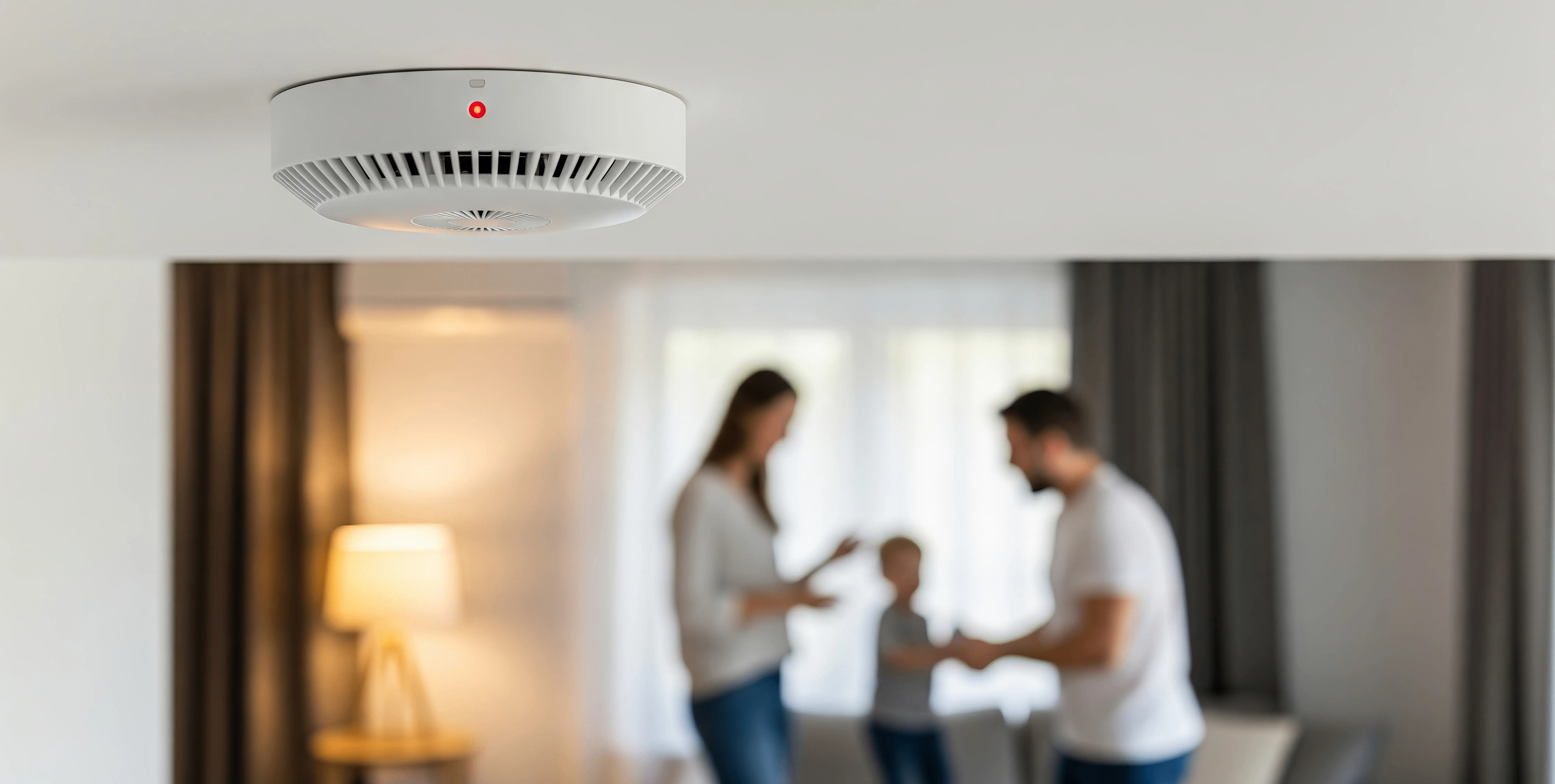 Rauchmelder in einer Wohnung in Berlin mit einer Familie im Hintergrund.