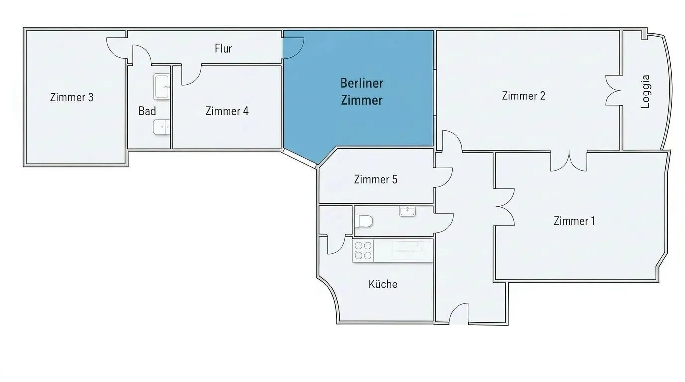 Das Berliner Zimmer ist das Herzstück vieler Wohnungen in Berlin. Hier im Grundriss.