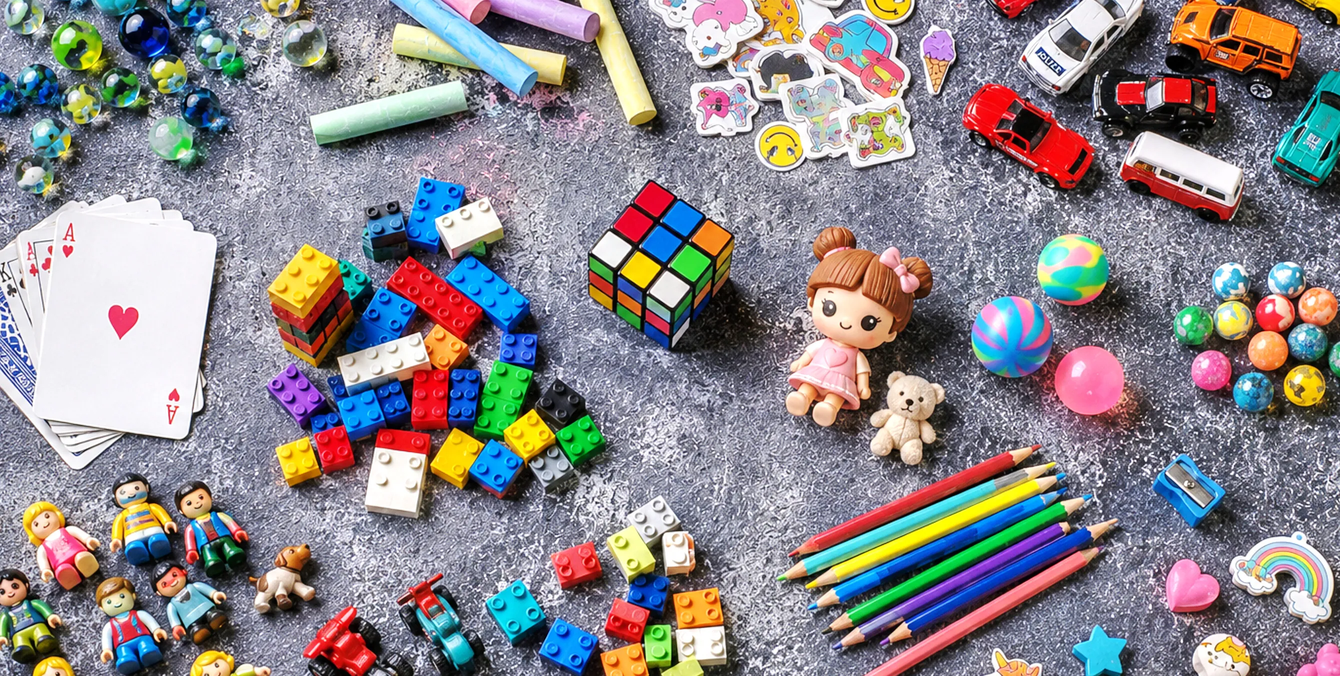 Verschiedene kleine Spielzeuge: Murmeln, Karten, Zauberwürfel, Figuren, Autos