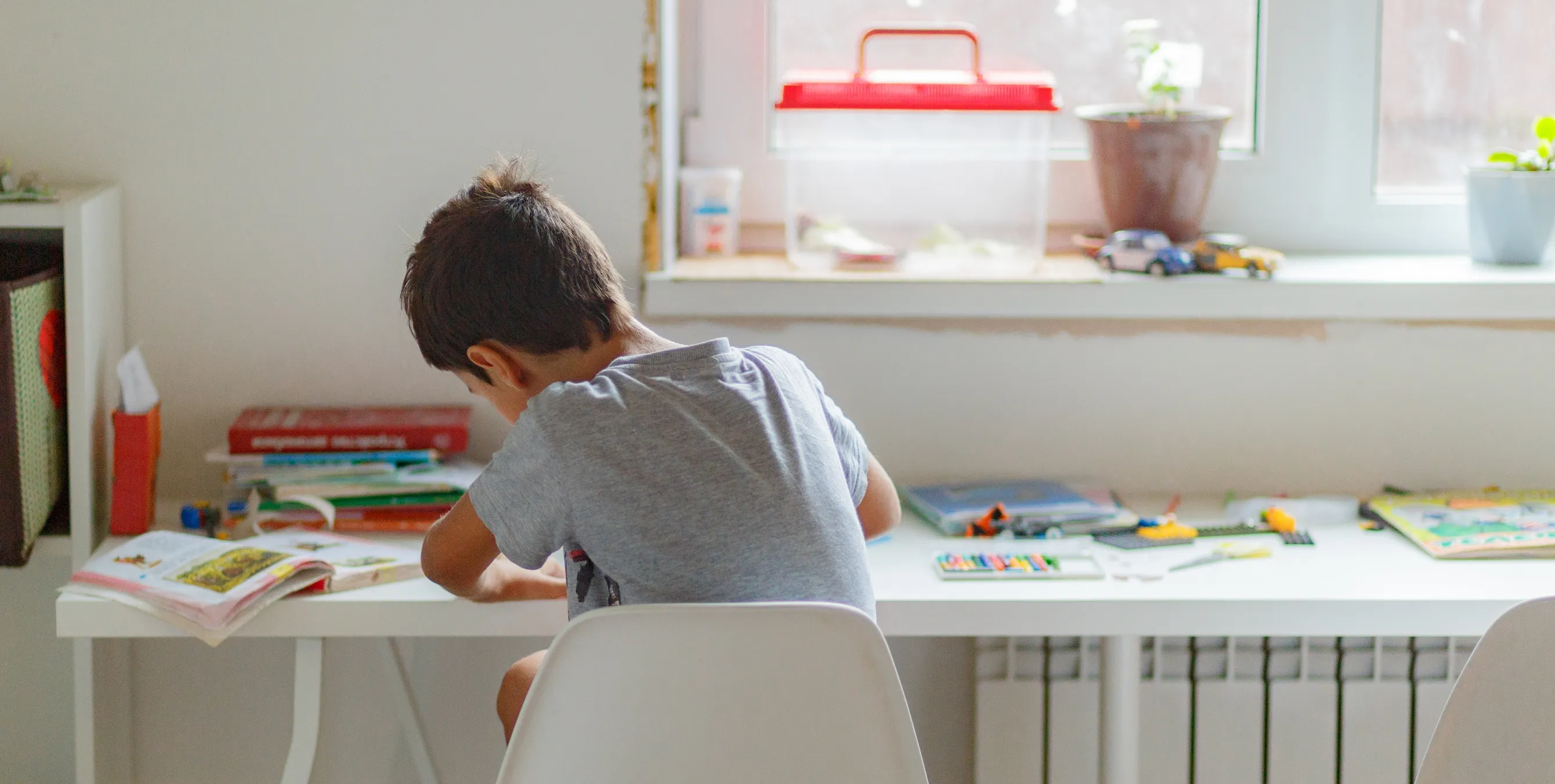 Junge am Schreibtisch am Fenster