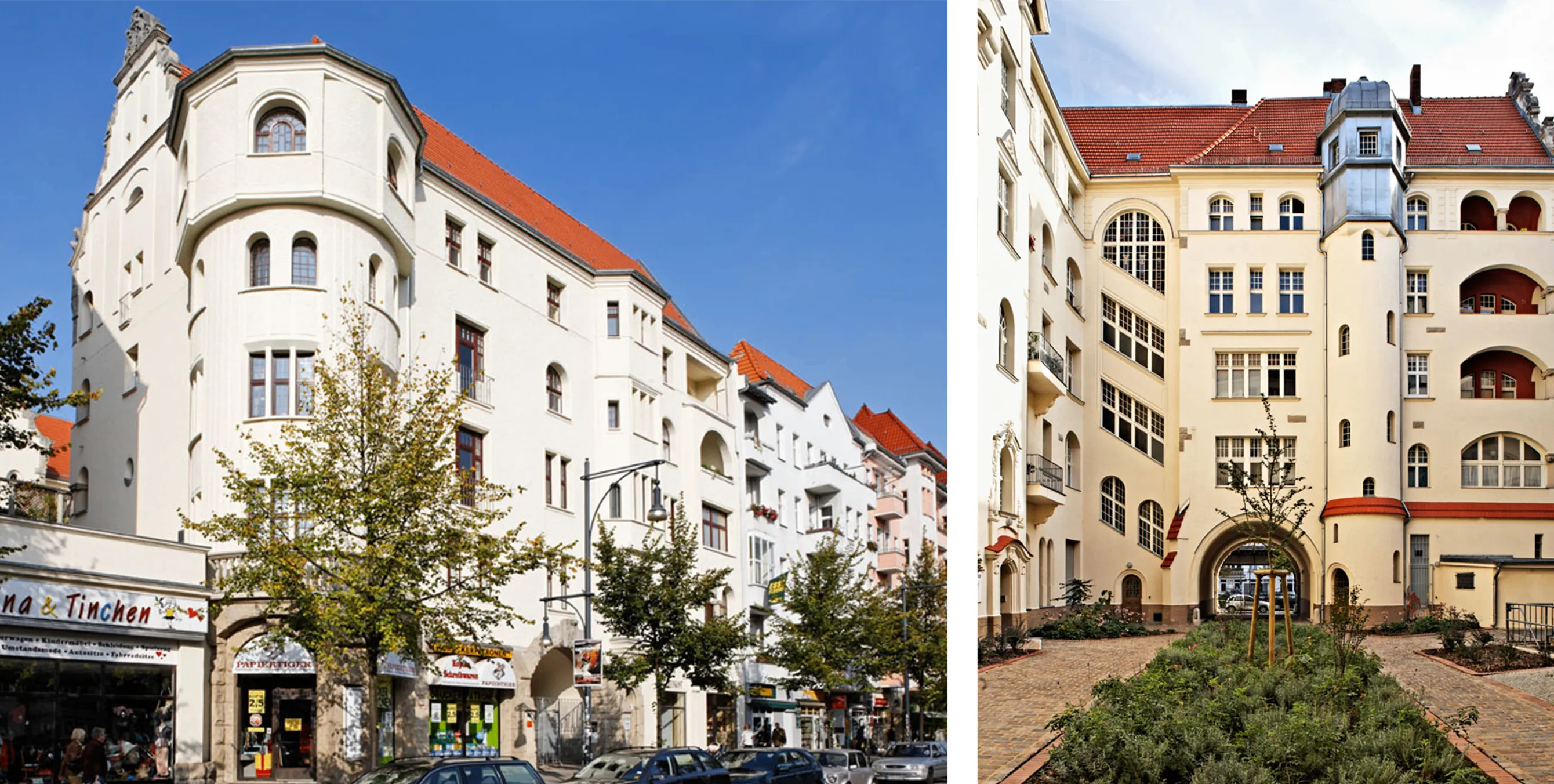 Zwei Bilder in einem: links die helle Außenfassade eines Gründerzeitbaus mit markantem Eckturm; rechts der Blick in den begrünten Innenhof und teils großen, prunkvollen Fenstern. Fotos: Gewobag