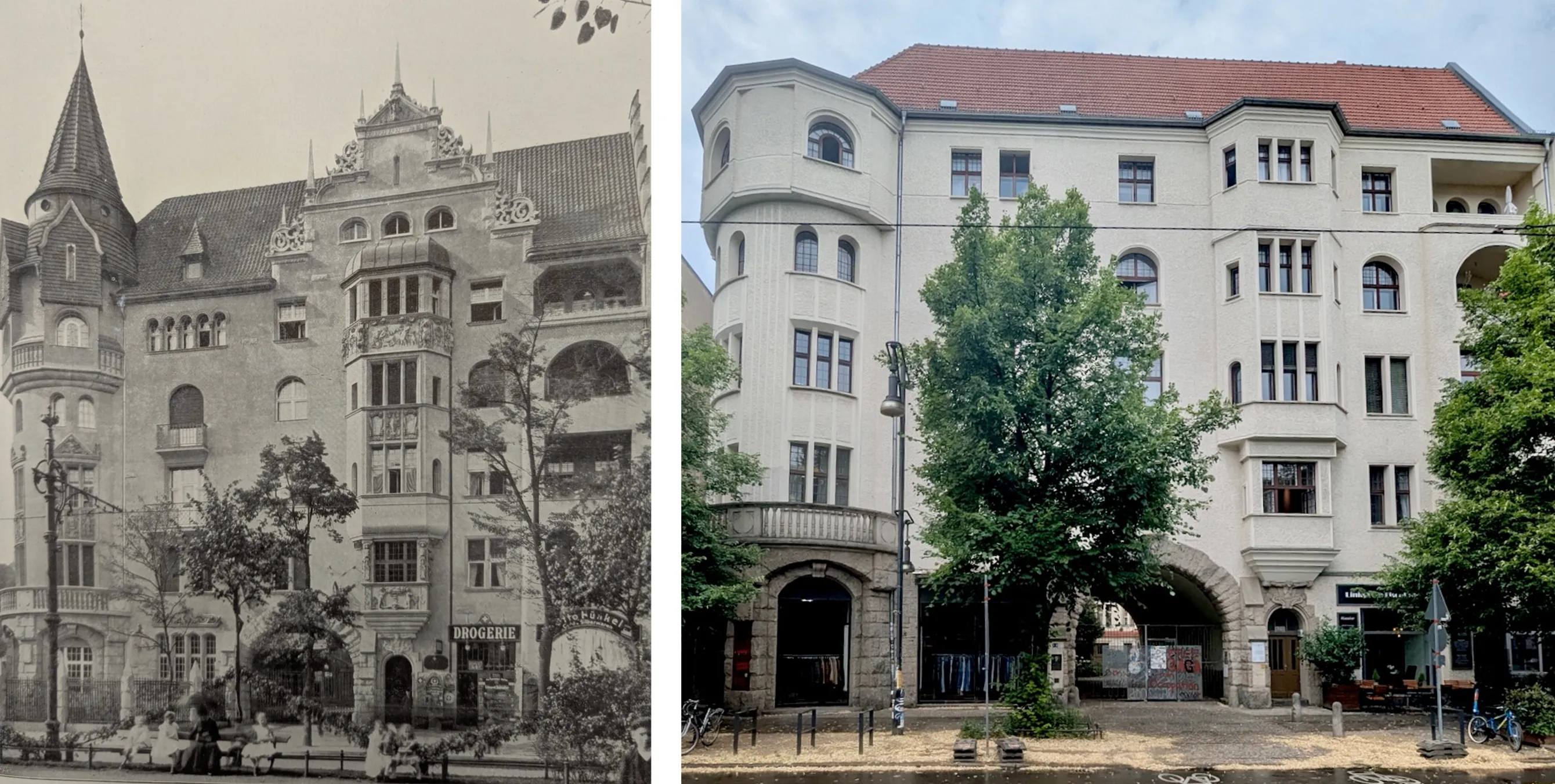 Zwei Bilder in einem: links eine historische Aufnahme einer prachtvolle Außenfassade eines Gründerzeitbaus; rechts der aktuelle, geradlinigere Zustand der Fassade. Fotos: Gewobag