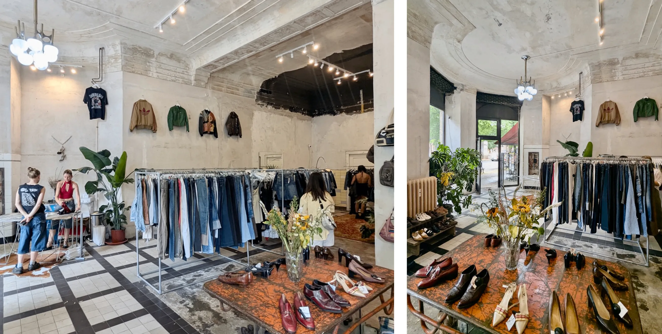 Zwei Fotos in einem, beide zeigen das Innenleben eines Second-Hand-Ladens, der sich in einem Gründerzeitbau mit hohen Decken und prächtigen Stuckornamenten befindet. Fotos: Michael Bienert