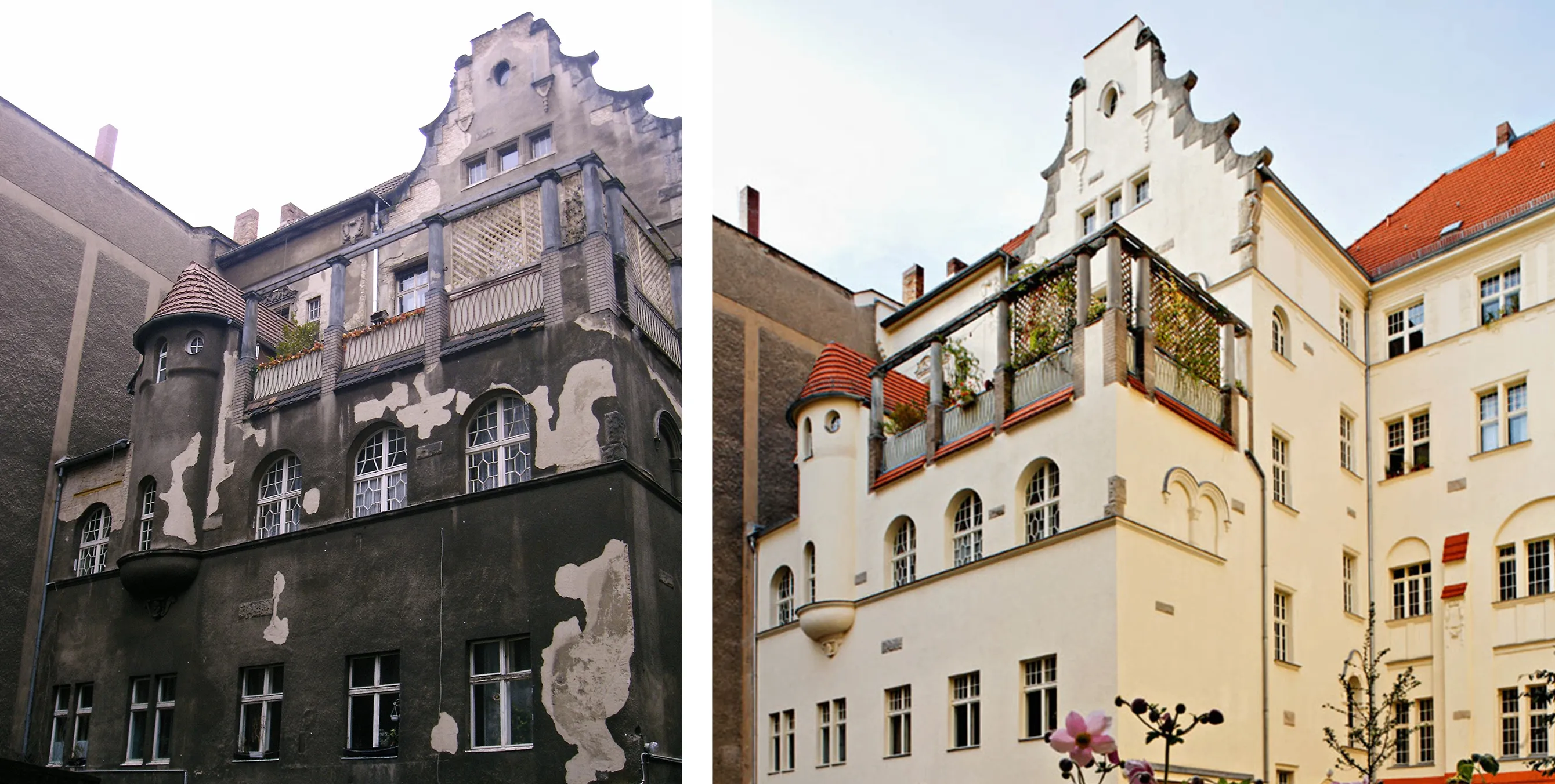 Zwei Bilder eines Gründerzeitbaus in einem: links eine historische Aufnahme mit verfallenem Hausgiebel und davorliegender Logia; rechts derselbe Gebäudeteil nach seiner Sanierung. Fotos: Gewobag