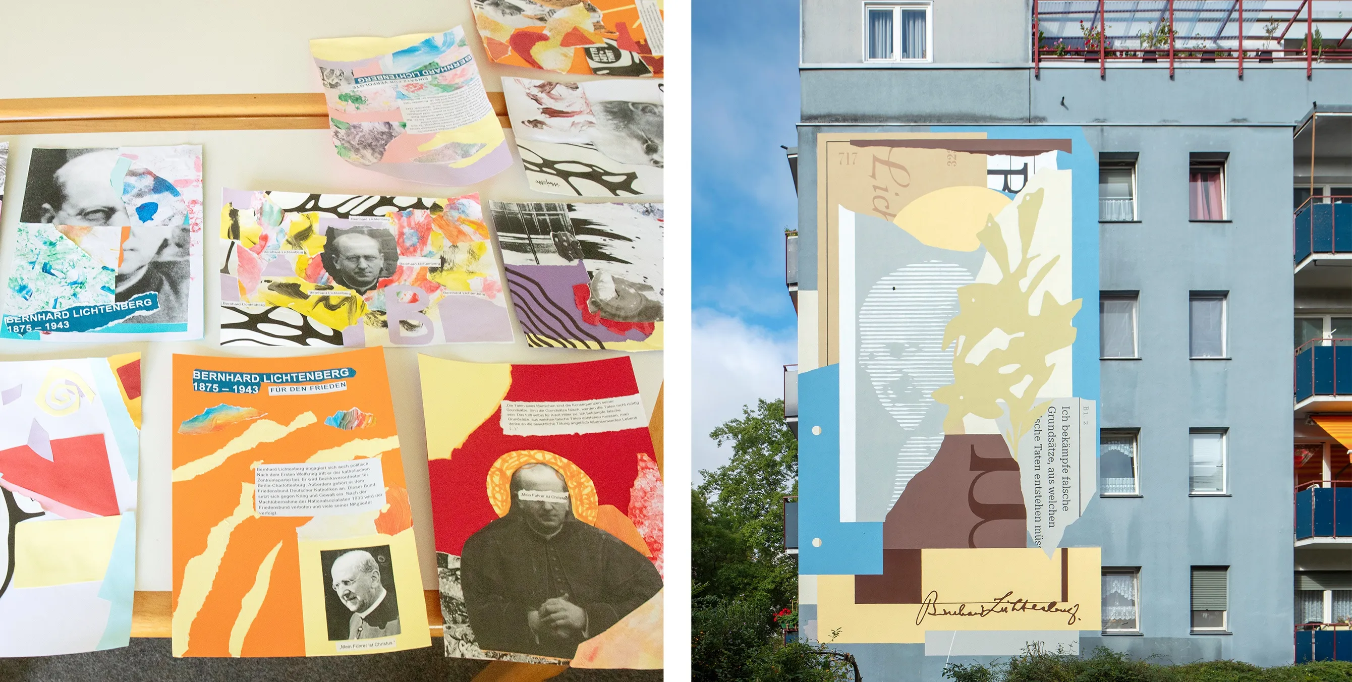 Zweigeteiltes Bild: links mehrere kleine Collagen, die auf einem Tisch liegen, rechts eine bemalte Hauswand in collageartigem Stil. Fotos: Ludger Paffrath